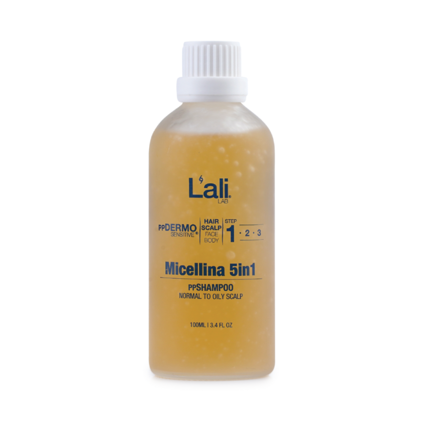 Micellina 5in1, 100мл – натурален безсулфатен шампоан за нормална и мазна коса. Почиства, регулира производството на себум, защитава и подобрява обема. Подходящ за чувствителен скалп. Използвай ежедневно.